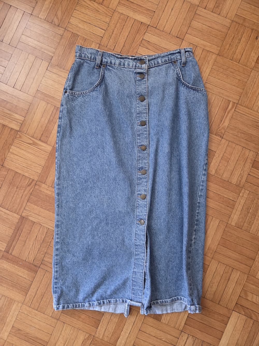 Vintage 90s Cotton Denim Button Front Minimalist Straight Jean Midi Skirt